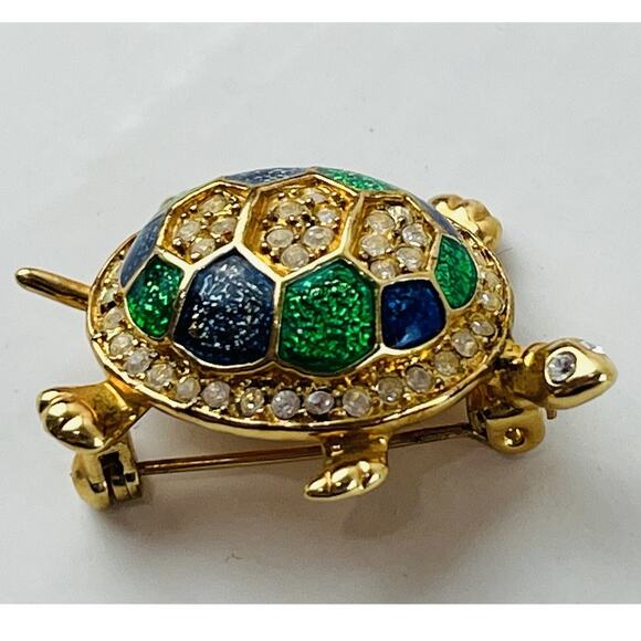 Vintage Turtle Pin Brooch Rhinestones Blue Enamel Shell 1.5" Pave Style Goldtone - Picture 4 of 10